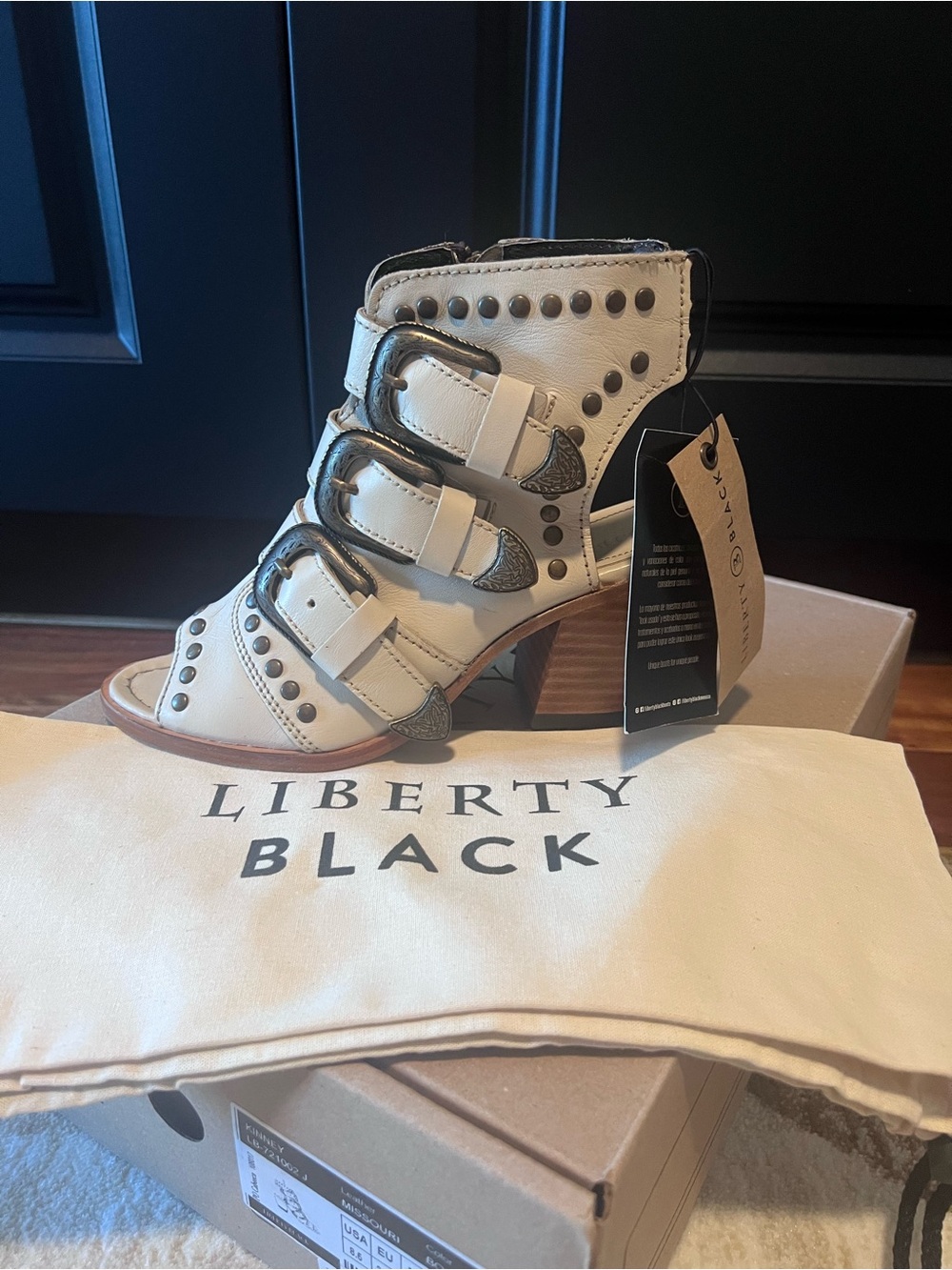LIBERTY Black Kinney White Studded Buckle Heeled Sandal